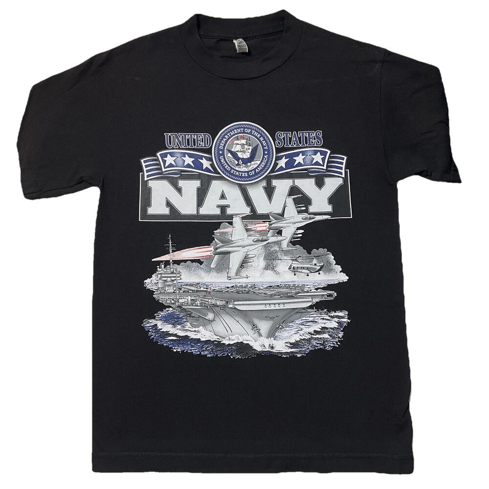 Alstyle Women Shirt S Black Graphic Print Navy Aircraft Carrier Logo ShortSleeve